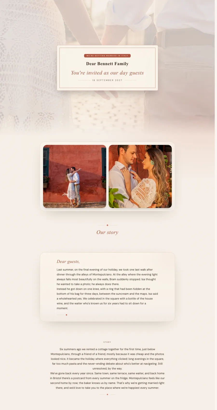 Example invitation page for Isa & Bram, in warm terracotta tones from their engagement shoot.