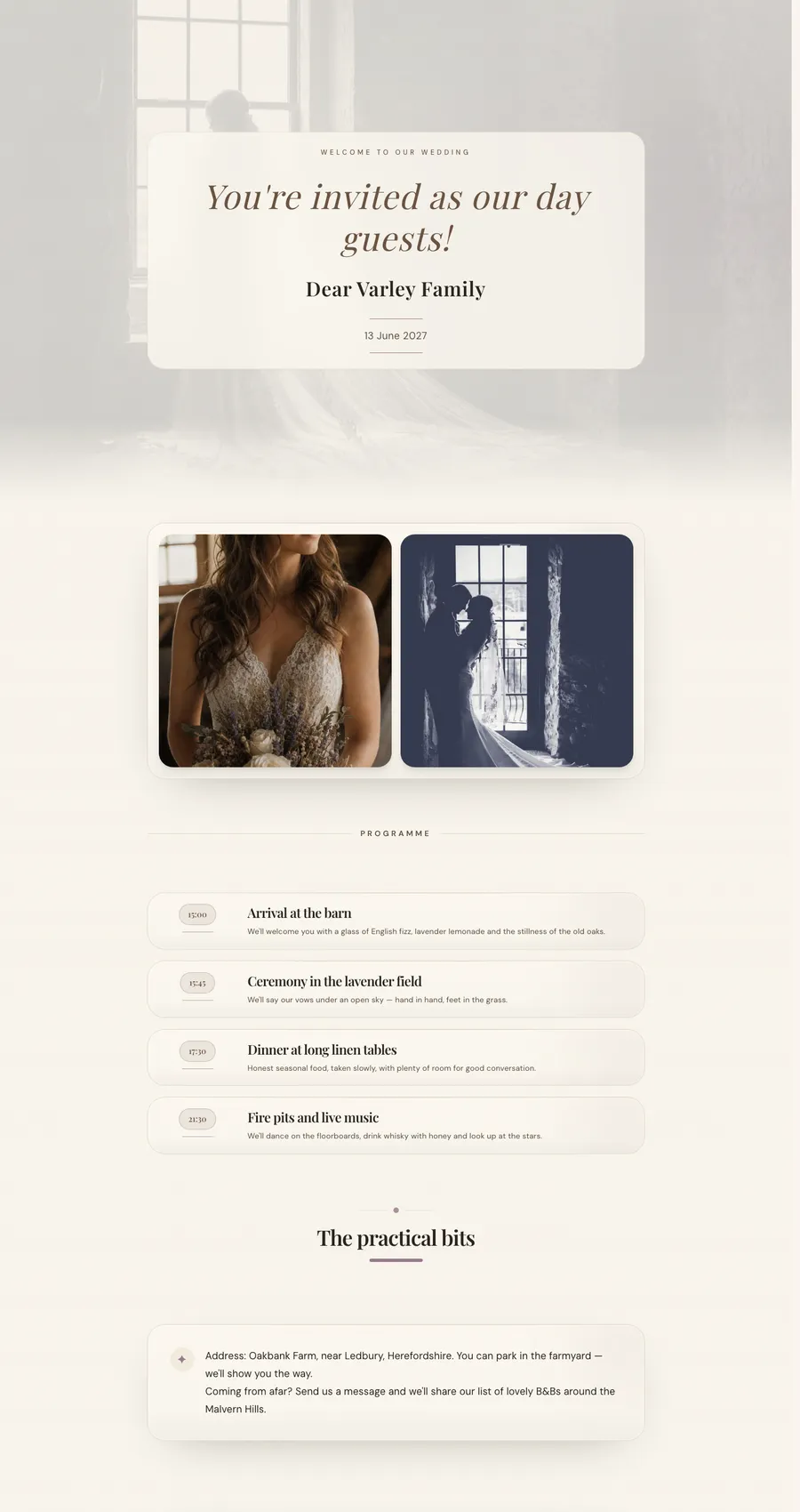 Example invitation page for Mila & Gertjan — a clean, modern style.