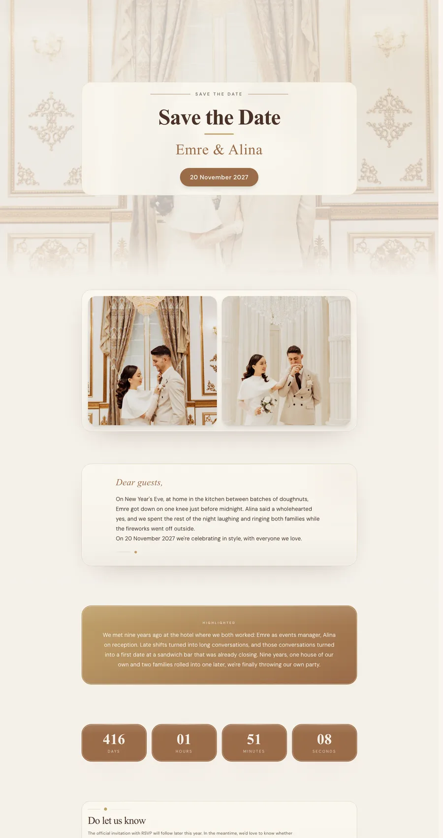 Example save the date for Emre & Alina, in champagne and gold tones in a golden hall.