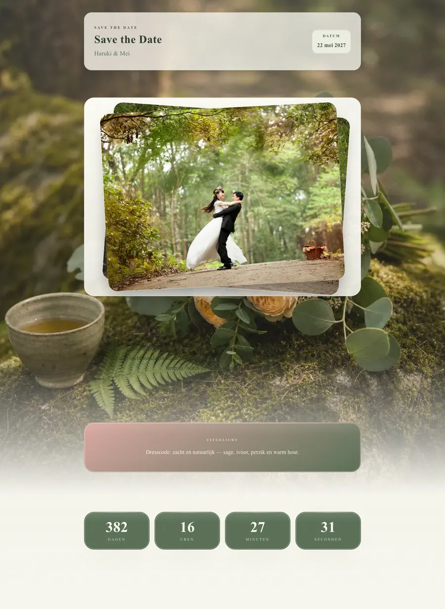 Example save the date for Haruki & Mei — a serene woodland mood.
